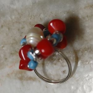 Coral, Turquoise & Pearl Cluster Ring